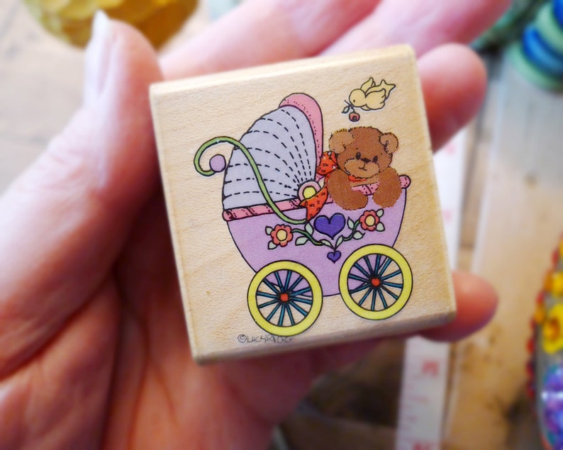 Baby Carriage Cartoon Craft Stamp w Teddy Bear for Invitations or Decor, Pram Rubber Stamp, Buggy Bear from Lucy and Company Rubber Stampede image 7