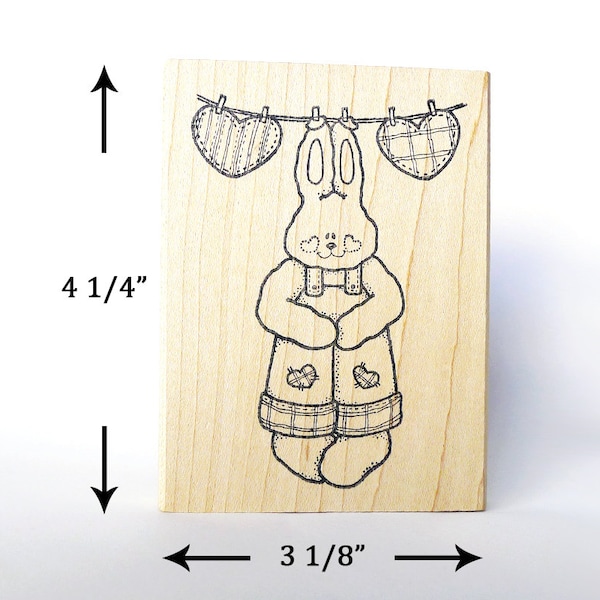 Rabbit Rubber Stamp, Country Bunny on a Clothesline, Country Bunny Rubber Stamp, Wearing Overalls, Clothes Line, Clothesline, Animal Stamp