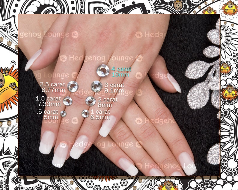May include: Close-up of a hand with several clear rhinestones of different sizes. The rhinestones are labeled with their carat weight and size in millimeters. The largest rhinestone is 4 carat, 10mm. The smallest rhinestone is .5 carat, 5mm.
