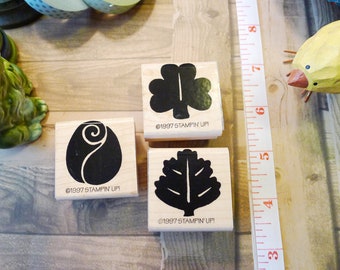 Set of Three Floral Stampin Up Rubber Stamps Includes a Shamrock Rosebud and a Leaf All in Excellent Condition on Hardwood Mounts