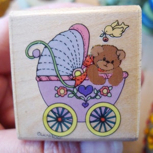 Baby Carriage Cartoon Craft Stamp w Teddy Bear for Invitations or Decor, Pram Rubber Stamp, Buggy Bear from Lucy and Company Rubber Stampede image 2