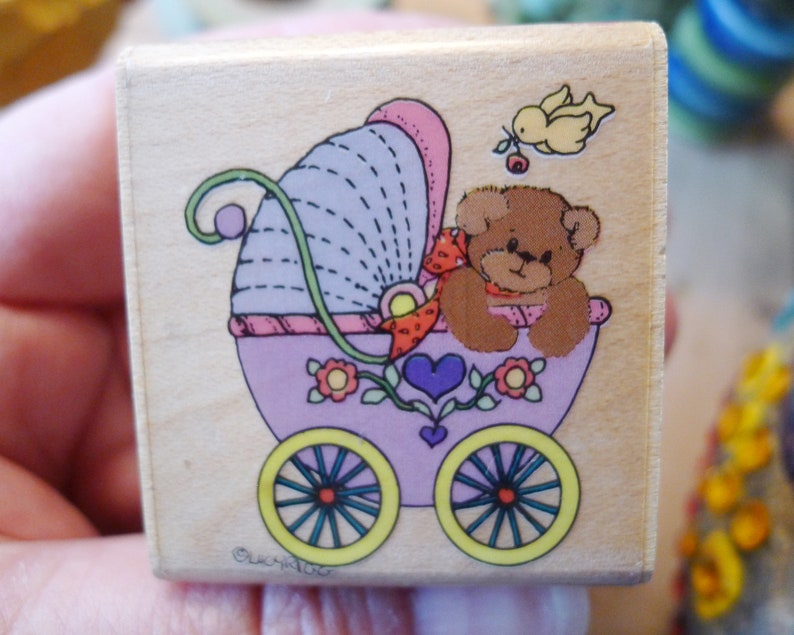 Baby Carriage Cartoon Craft Stamp w Teddy Bear for Invitations or Decor, Pram Rubber Stamp, Buggy Bear from Lucy and Company Rubber Stampede image 2