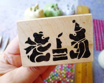 Teddy Bear Birthday Party Rubber Stamp, Two Little Bears Blowing out the Birthday Candles w Cake Craft Stamp, Kid's Crafts