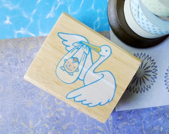 Stork Delivering Baby Rubber Stamp for DIY Shower Invitations Baby Gift, Baby with the Stork New Baby is Coming Craft Stamp DIY Invitations