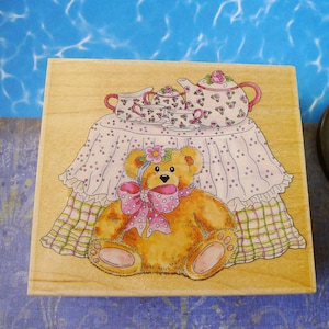 Tea Party Teddy Decorative Craft Stamp for Craft Projects or Decor, Pretty Little Painting of a Teddy Bear with Teapot Cream Sugar and Cups