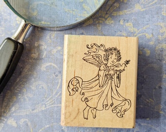 Flying Angel Carrying a Dove of Peace Noahs Ark, Christian Craft Religious Rubber Stamp, Childlike Angel Cherub w Bird Animal Embossing Arts