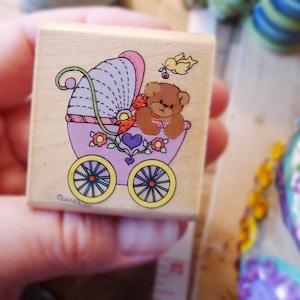 Baby Carriage Cartoon Craft Stamp w Teddy Bear for Invitations or Decor, Pram Rubber Stamp, Buggy Bear from Lucy and Company Rubber Stampede image 1