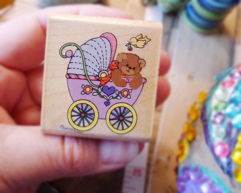 Baby Carriage Cartoon Craft Stamp w Teddy Bear for Invitations or Decor, Pram Rubber Stamp, Buggy Bear from Lucy and Company Rubber Stampede image 1