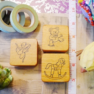 Set Rubber Stamps are Mounted on Old Fashioned Curved Hardwood Mounts w Nursery Ballerina Ballet Slippers Rocking Horse and a Dancing Bear