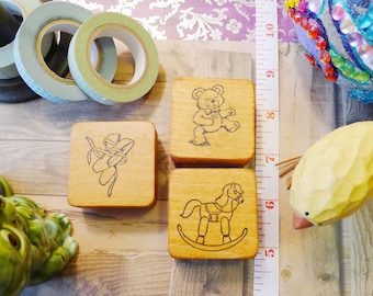 Set Rubber Stamps are Mounted on Old Fashioned Curved Hardwood Mounts w Nursery Ballerina Ballet Slippers Rocking Horse and a Dancing Bear