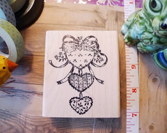 Heart Streamer Hanging Wreath Quilt Farmhouse Country Rubber Stamp, NEW Primitive Quilted Craft Rubber Stamp on Hardwood Base