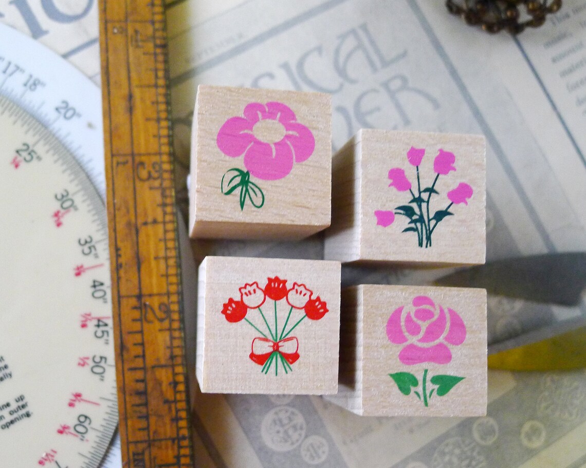 Set of Four Small Rubber Stamps with a Springtime Flowers Etsy