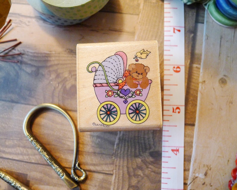 Baby Carriage Cartoon Craft Stamp w Teddy Bear for Invitations or Decor, Pram Rubber Stamp, Buggy Bear from Lucy and Company Rubber Stampede image 4
