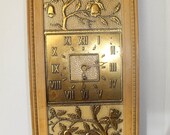 1950s Art Deco Pressed Tin Face Wood Frame Wind Up Wall Clock w Key 23 7 8 quot T X 10 1 4 quot W X 2 1 2 quot D Herold Products Co Chicago Free Shipping