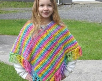 Crochet Double Stitch Poncho with Twisted Fringe Pattern PDF  Girl's Sizes 6, 8 & 10