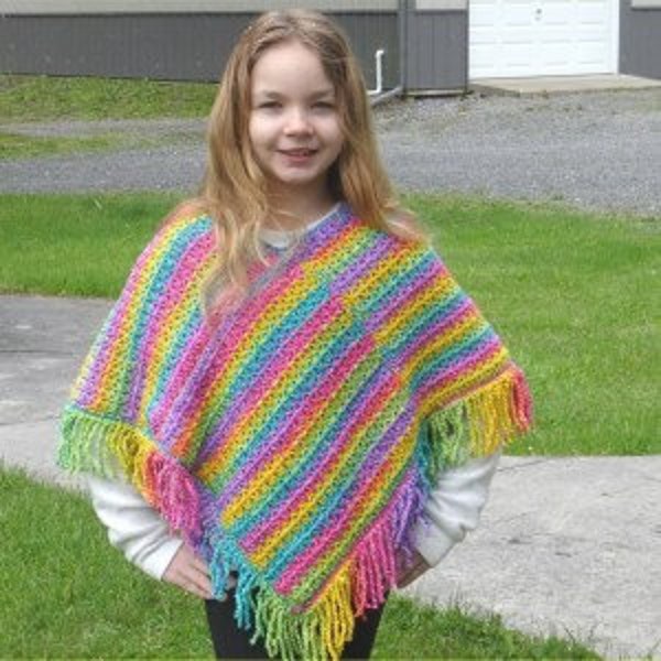 Crochet Double Stitch Poncho with Twisted Fringe Pattern PDF  Girl's Sizes 6, 8 & 10