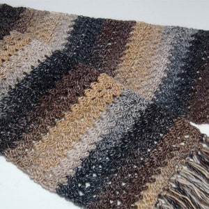 May include: A crocheted scarf with a fringe in shades of brown, beige, and gray.