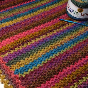 May include: A multi-colored striped crochet blanket with a scalloped edge. Two balls of yarn are visible in the background, labeled "Ferris Wheel" with a logo.