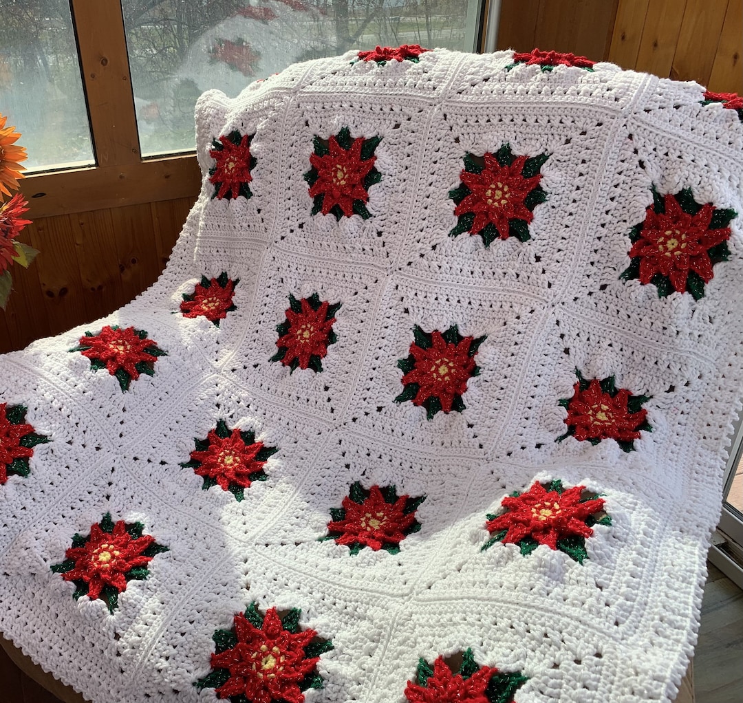 【USA vintage】granny blanket 赤×白 クリスマスカラー Bright Red and White Granny Square Crochet Blanket