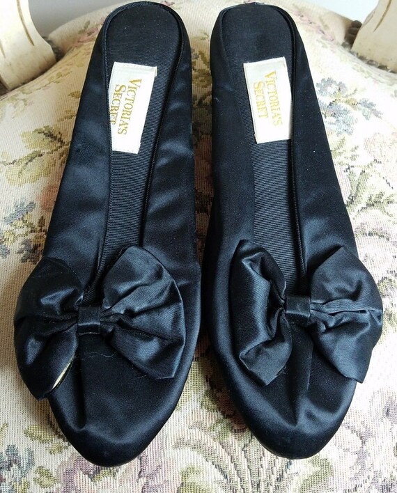 Victoria S Secret Womens Sz 7 8 Vtg Rare Black Satin Bow Slip On House Slippers