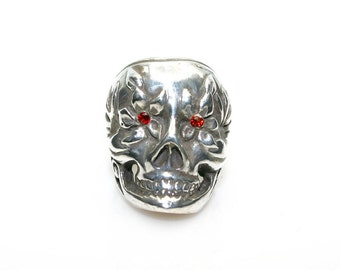 Dia De La Muerte Ring with Garnet Stone Eyes, Sugar Skull Ring, Skull Candy Ring,Sterling Silver Skull Ring,Solid Sterling Silver,Biker Ring