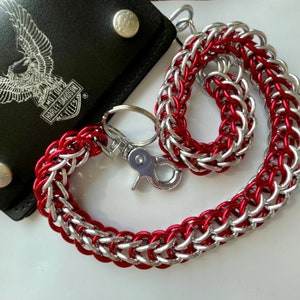Cadena para billetera, cadena grande de aluminio anodizado con cierre de seguridad persa, cadena de seguridad para billetera, color rojo y plateado