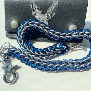Cadena para billetera, cadena para billetera completamente persa, cadena de seguridad para billetera, cadena para billetera de malla. Gris con azul.