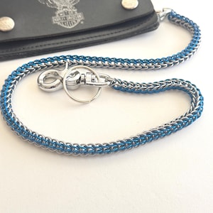 Cadena de billetera de acero, cadena de billetera persa completa, cadena de seguridad para billetera, cadena de billetera de cota de malla, cadena de billetera azul, cadena de billetera plateada y azul.