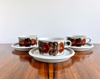 3x Arabia Finland Rosmarin Handpainted Flat Cups and Saucers by Ulla Procope