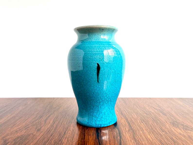 Pisgah Forest Pottery Vase in Turquoise Crackle and Copper Red Glazes image 2