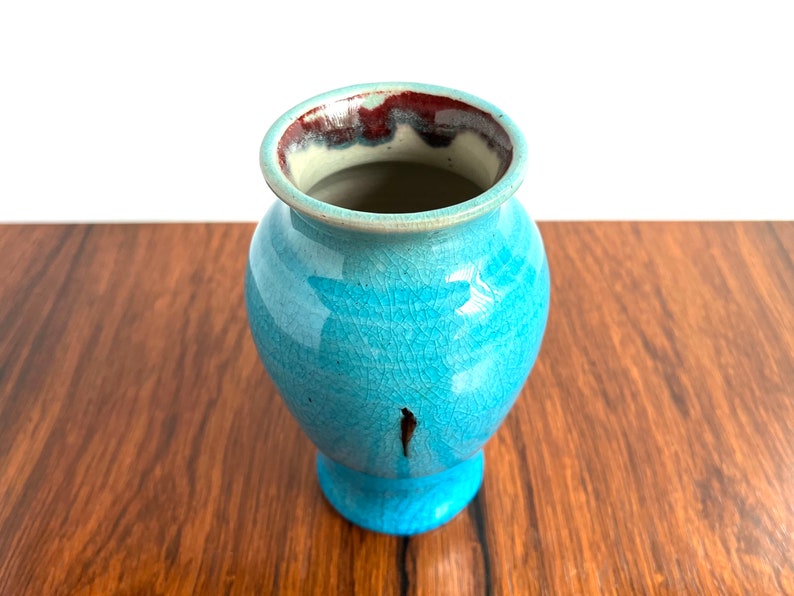 Pisgah Forest Pottery Vase in Turquoise Crackle and Copper Red Glazes image 4