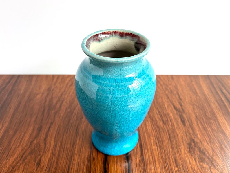 Pisgah Forest Pottery Vase in Turquoise Crackle and Copper Red Glazes image 5