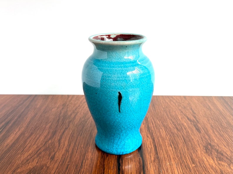 Pisgah Forest Pottery Vase in Turquoise Crackle and Copper Red Glazes image 1