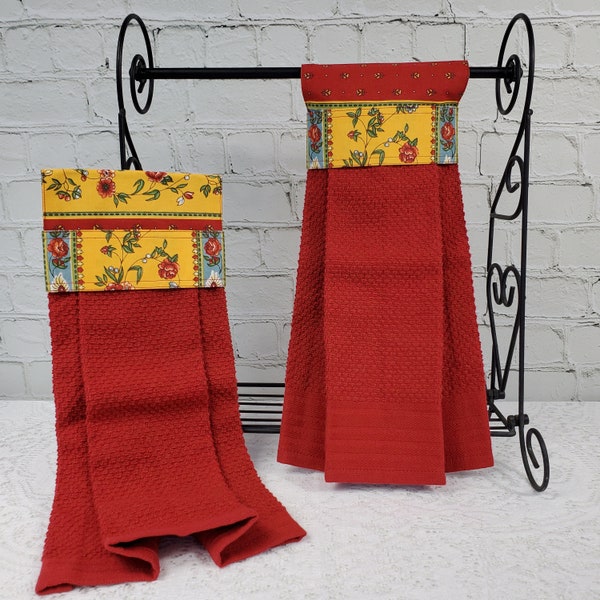 Hanging Dish Towel Set. Hanging Kitchen Towel. Hanging Hand Towel. Cabinet hanging towel. (Terry towel)  Red Provence print