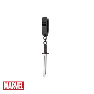 May include: Black metal earring with a dangling sword charm. The sword has a red and black handle and a silver blade. The earring is marked with the word "MARVEL".