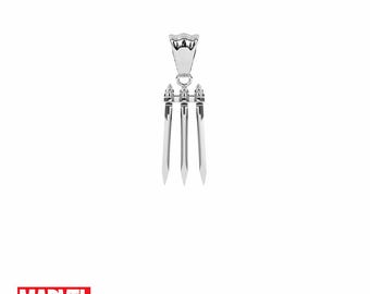 May include: A polished silver-toned metal pendant shaped like three sharp, pointed claws. The pendant features a wide, decorative bail at the top for attachment to a chain. The design is inspired by Wolverine, with the word MARVEL in red text below.
