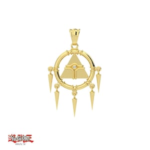 May include: A gold-colored pendant featuring a triangle within a circle, with dangling spike-shaped charms. The pendant has a small gem in the center of the triangle. The Yu-Gi-Oh! logo is in the bottom left corner.