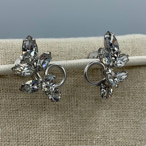 May include: A pair of silver tone clip-on earrings with clear rhinestone accents. The earrings are shaped like a cluster of leaves.