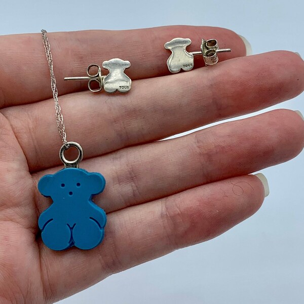 TOUS SILVER Stud Earrings Stamped 925 - and Signature Blue Bear Necklace Set - Includes Bonus Tous packaging - Free Shipping