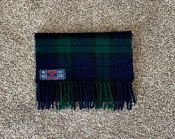 100% Pure New Wool Plaid Scarf - Woven in Scotland - Unisex - Dark Green, Blue, Black - Excellent Condition - FREE Shipping