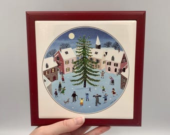 VINTAGE Villeroy & Boch Naïf Christmas Wood Frame Trivet - Red/Burgundy - LAPLAU Folk Art Winter Naif - Excellent Condition - FREE Shipping