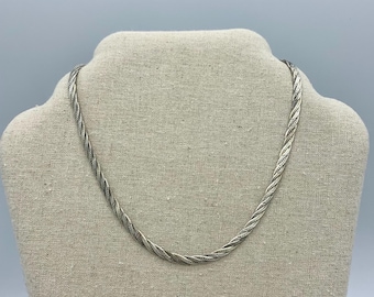 Vintage Sterling Silver Herringbone Choker Necklace: Two-Tone Braided Chain Free Shipping
