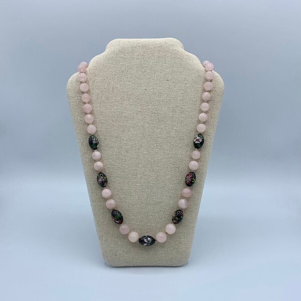 ROSE QUARTZ and Cloisonne Beaded Necklace - Hand Knotted - Sterling Clasp - Vintage -  FREE Shipping