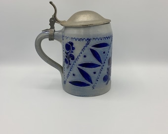 Vintage German Shilz Stein or Tankard - Blue Botanical Stoneware with a Pewter Lid -  Excellent Vintage Condition - FREE Shipping