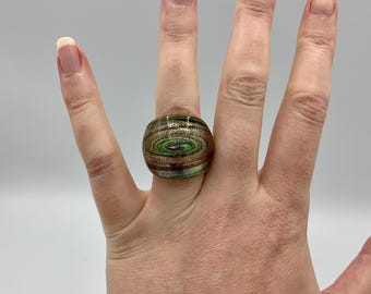 Vintage Dichroic Fused Glass Statement Ring - Size 7 - Green, Silver, Gold - Hand Crafted - Statement Jewellery - Gorgeous - FREE Shipping