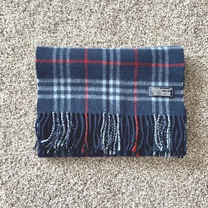 BURBERRY Wool Scarf Shawl Nova Check Vintage Blue Made in