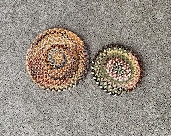 TWO Vintage Handmade 1960's Braided Hot Pads or Trivets - Hand Braided Rugs Place mats - Spiral Design - Washable - Free Shipping