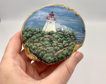 Original Painting on Artist's Conk - Hand Painting of a Lighthouse - Signed Cape Enrape NB - Signed NH - Excellent Condition - FREE Shipping