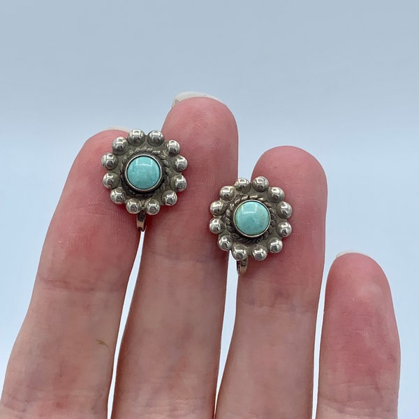 Boucles d'oreilles amérindiennes en argent sterling turquoise - VINTAGE - motif floral - estampé sterling - livraison gratuite
