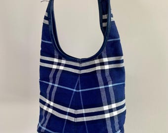 BURBERRY London Blue & White Nova Check Hobo Purse - Vintage Canvas Fabric Bag with Leather Trim - Excellent Condition -  FREE Shipping
